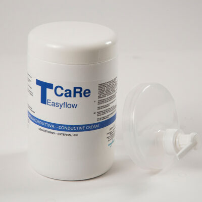 White bottle labeled TCaRe Easyflow conductive cream with a clear pump cap lying beside it on a white surface.