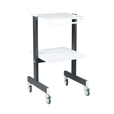 Two-tier mobile cart with white shelves and a dark frame on caster wheels for easy transport.